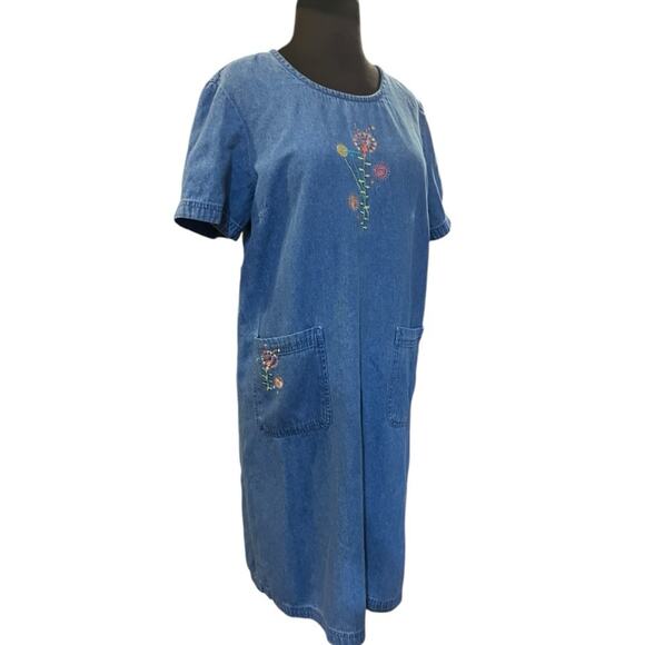 Vtg 90s Denim Floral Embroidered Shift Dress L Boho Cottagecore Coquette Femme - Picture 2 of 6